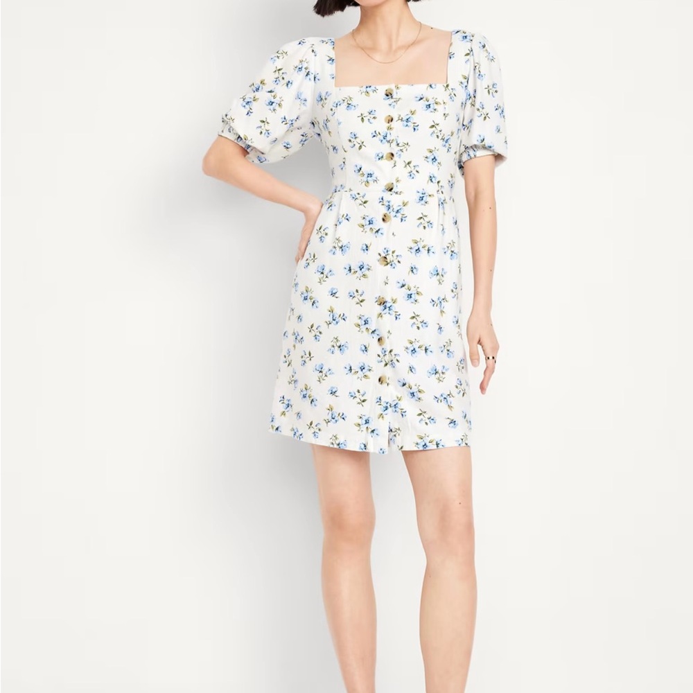 Puff-Sleeve Linen-Blend Mini Dress-NWT